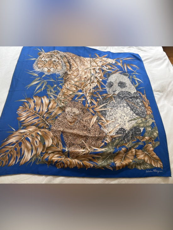 Salvatore Ferragamo Accessories - Salvatore Ferragamo Royal Blue Silk Scarf with Brown and Gray Wildlife Scene